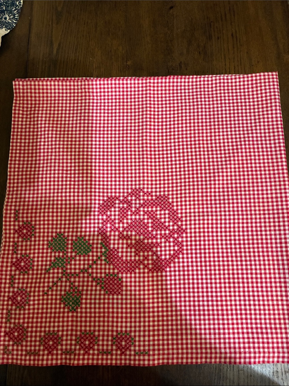 Red Gingham Embroidered Cotton Kitchen Tablecloth 32x32”